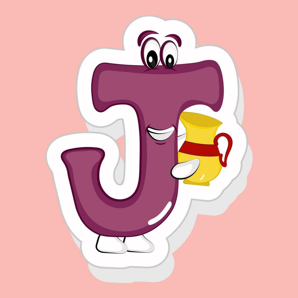 Sticker Style J Alphabet Cartoon Character Holding Jug On Pink Background. vector