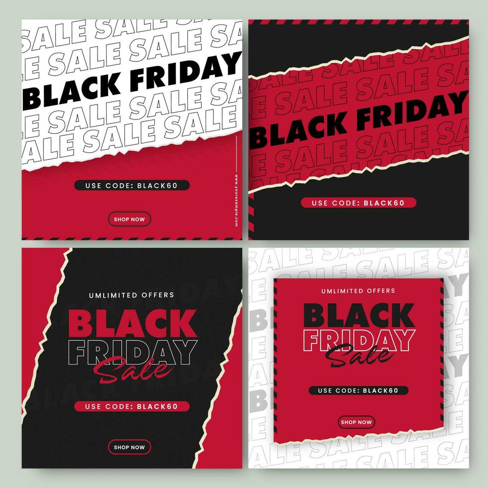 Social Media Black Friday Sale Post Or Template Set In Torn Paper Style. vector