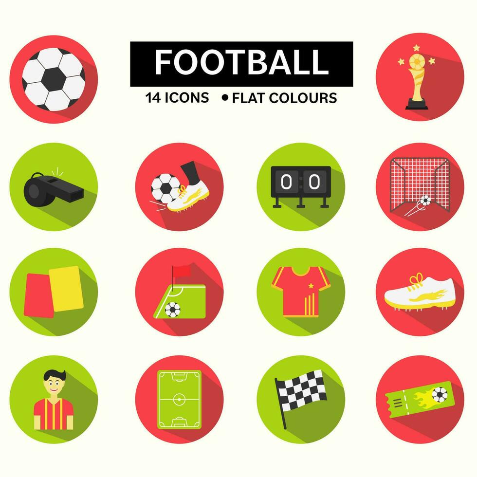 Flat Illustration Of Football Play Essential Icon Set Over Red And Green Circles Background. vector
