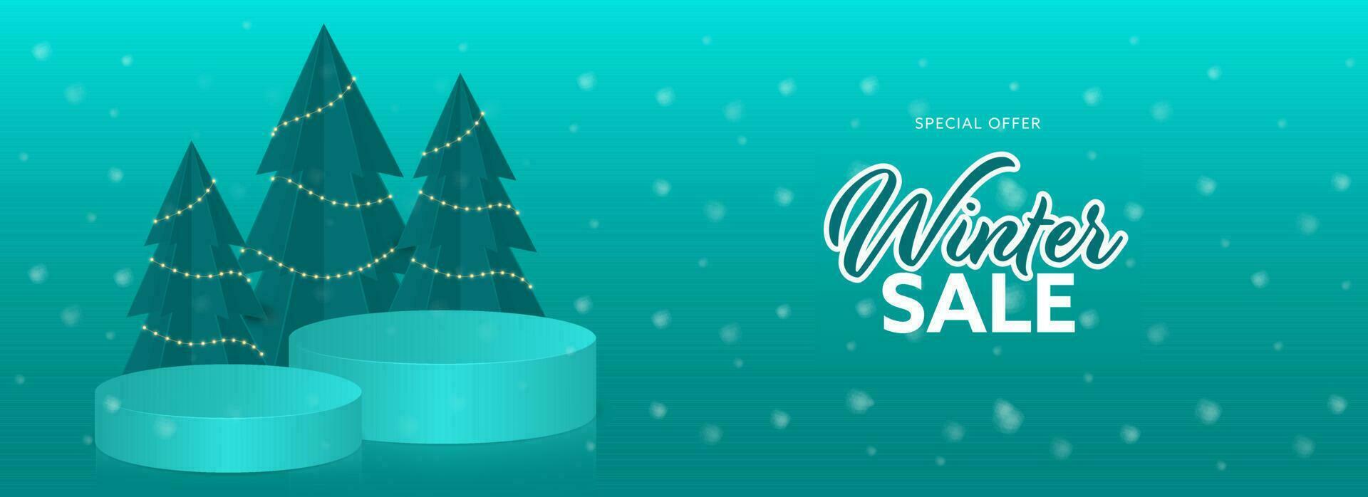 Winter Sale Banner Or Header Design With Paper Cut Xmas Trees And Empty Podium On Turquoise Background. vector