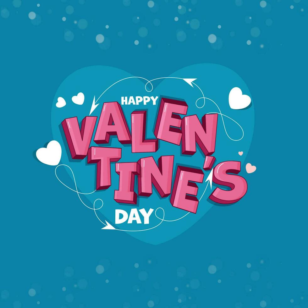 White And Pink Happy Valentine's Day Text With Hearts On Blue Bokeh Blur Background. vector