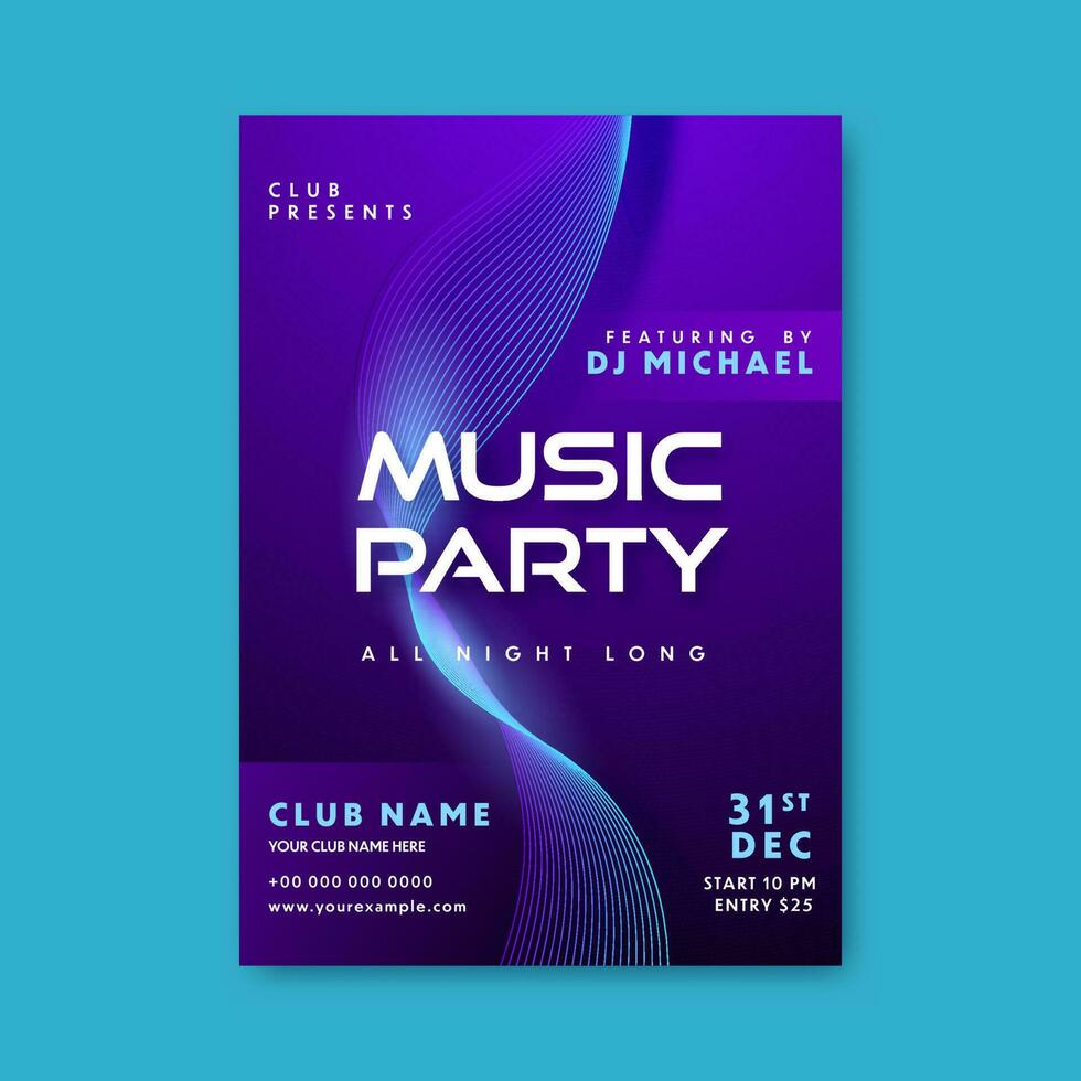 Music Party Flyer Design With Abstract Wave And Event Details In Purple Color. vector