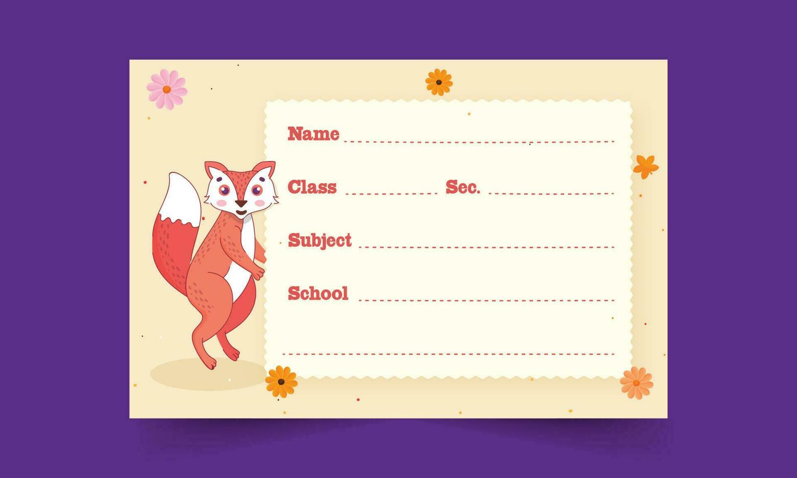 dibujos animados zorro animal con flor decorativo cuaderno etiqueta o nombre etiqueta en púrpura antecedentes. vector