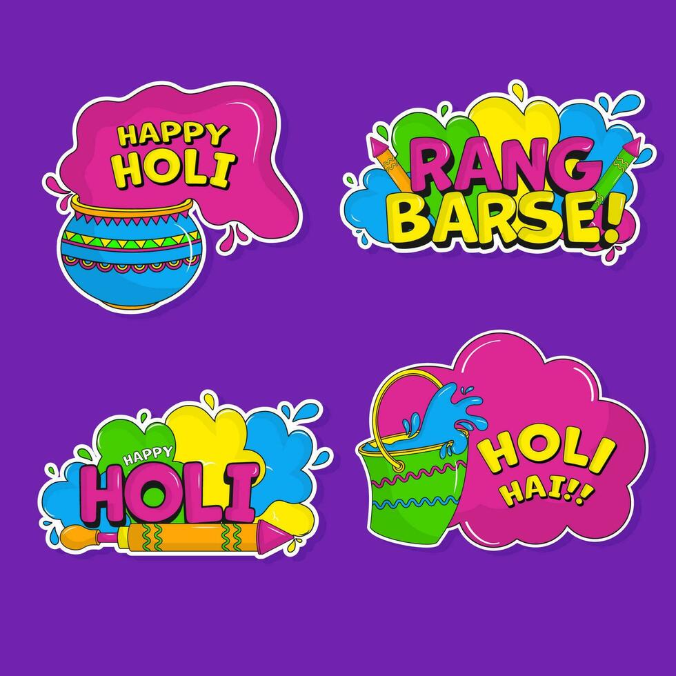 Sticker Style Holi Festival Quotes Collection Against Purple Background. vector