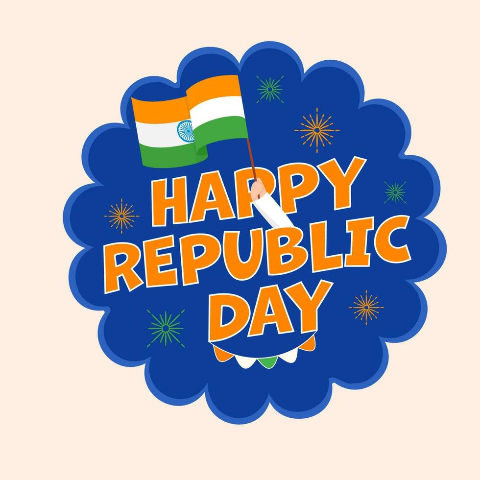 Happy Republic Day Text With India Flag, Fireworks Against Blue And Pastel Pink Background. vector