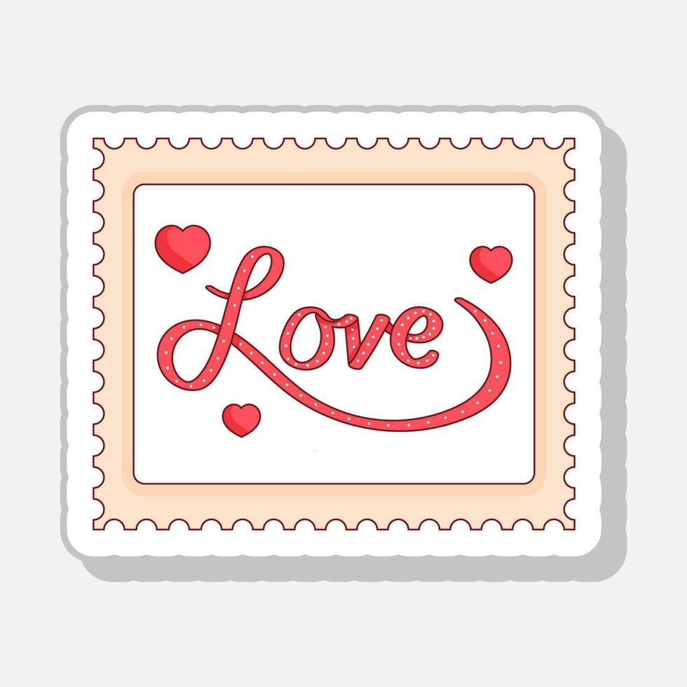 Isolated Sticker Style Love Text On Square Frame Against White And Peach Background. vector