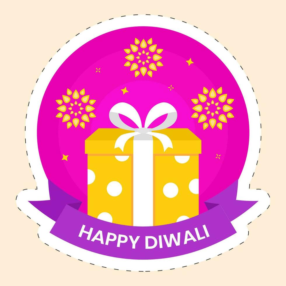 Isolated Happy Diwali Sticker Of Gift Box Against Mandala Pink And Yellow Background. vector