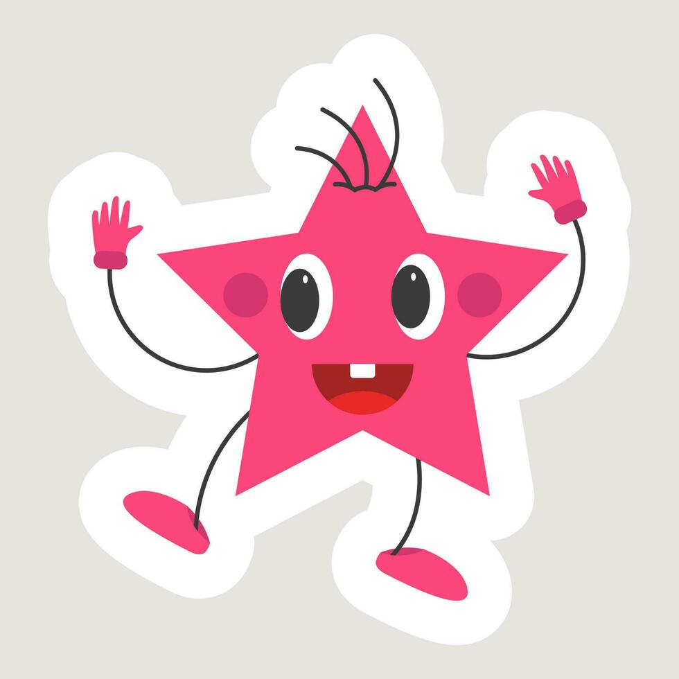 Dancing Pink Star Cartoon Over Grey Background In Sticker Style. vector