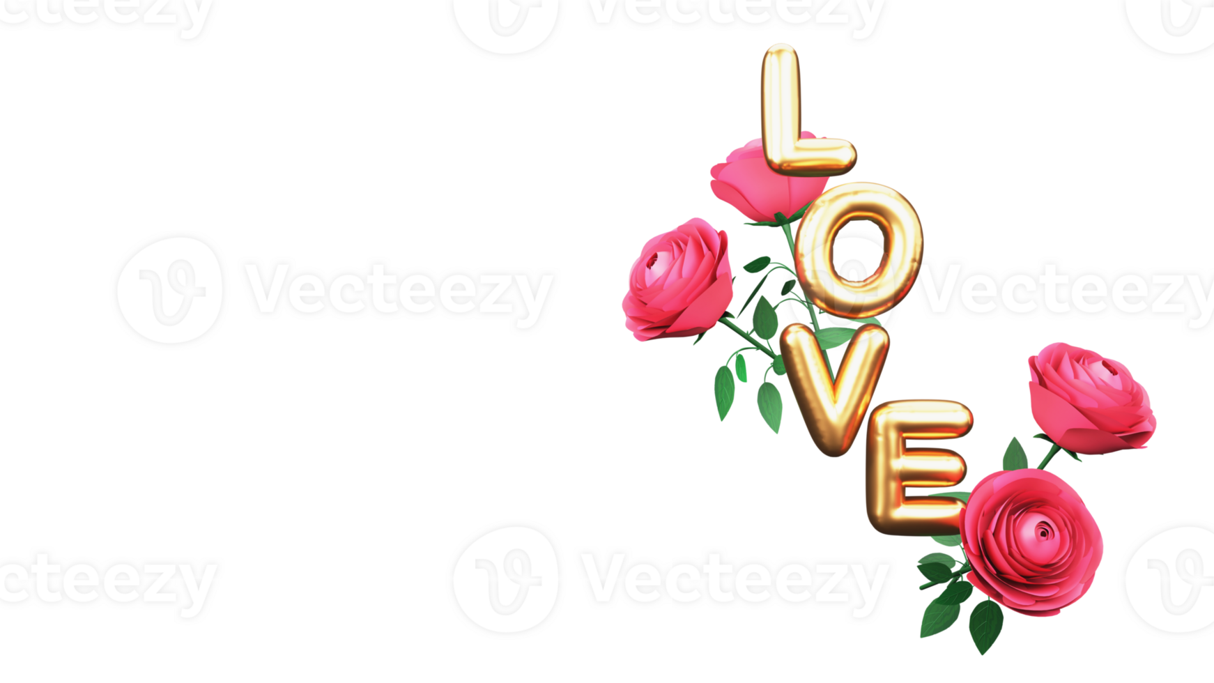 Golden Foil Love Alphabet With Rose Flowers Element In 3D Illustration. png