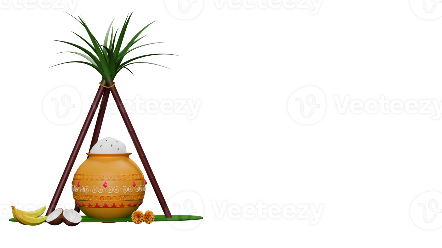 3D Render Of Pongal Festival Elements As Traditional Dish In Clay Pot, Sugarcanes, Fruit. png