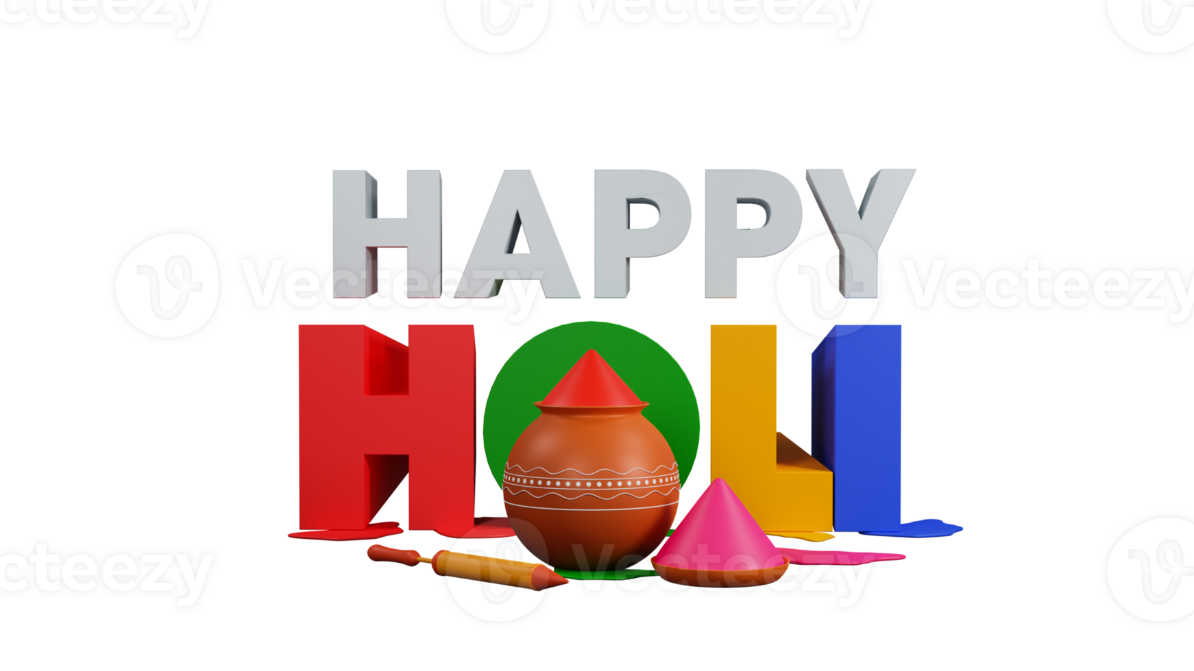 3D Render Colorful Happy Holi Text With Color Powder In Clay Pot, Plate And Water Gun Over Background. png