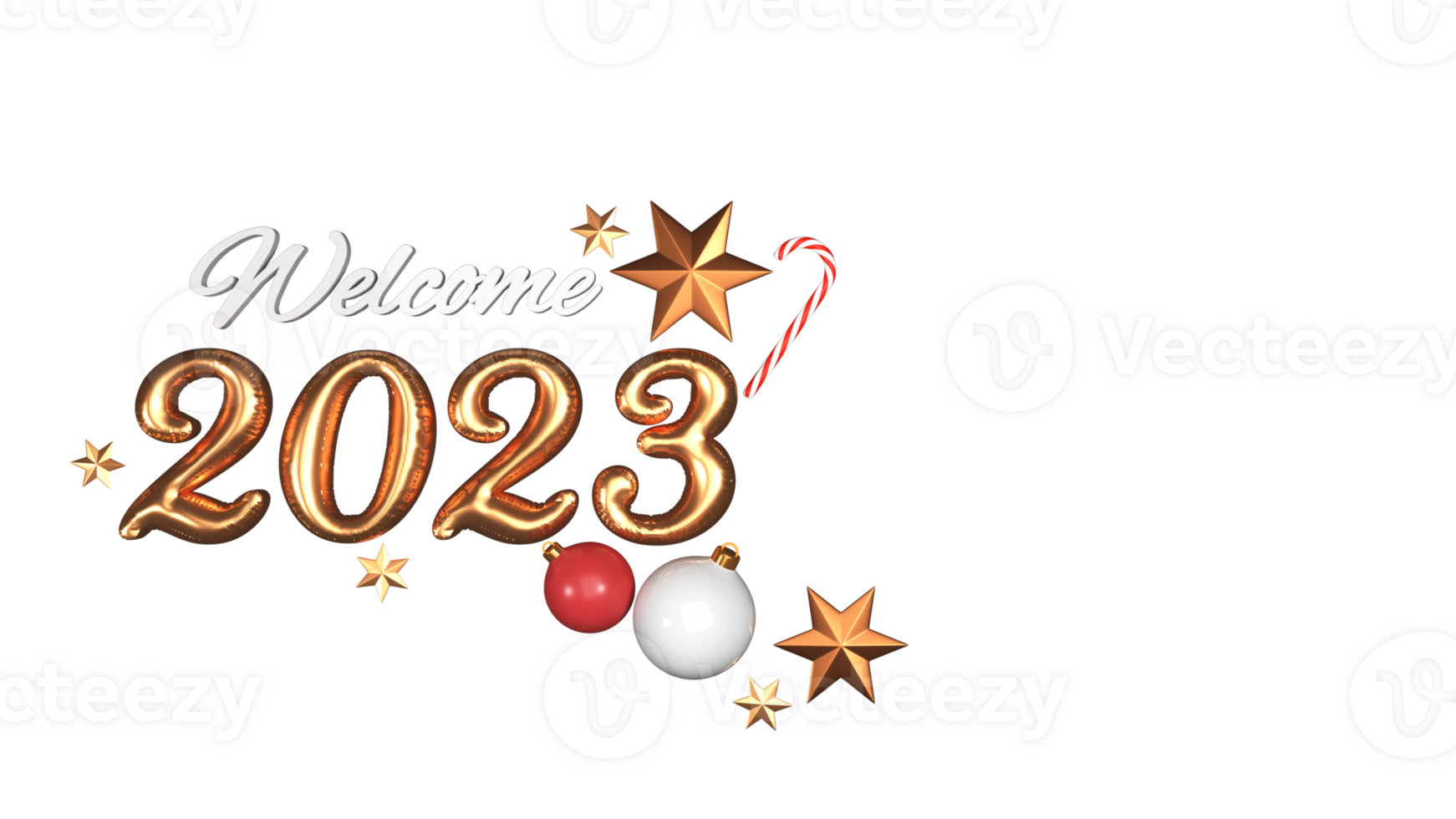 Top View Of 3D Render Welcome 2023 Text With Golden Stars, Baubles, Candy Cane Element Decorated Background. png