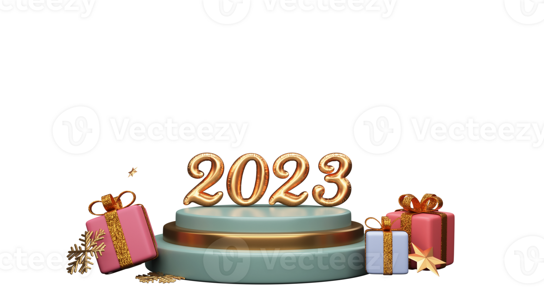 3D Rendering Golden Foil 2023 Number Over Podium With Gift Boxes, Golden Stars, Glitter Snowflakes Over Background. png