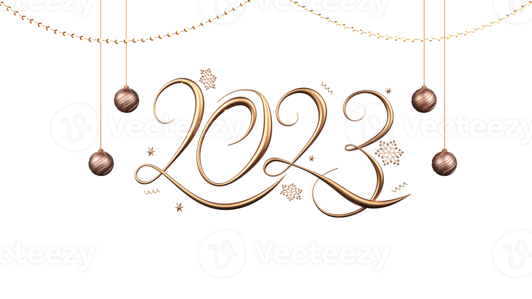 3D Render Golden 2023 Number With Snowflakes, Stars, Baubles Hang And Lighting Garland Decorated Background. png