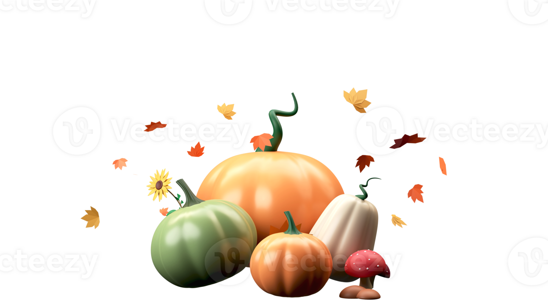 3D Render Of Pumpkins With Sunflower, Toadstools And Autumn Leaves Against Background. png