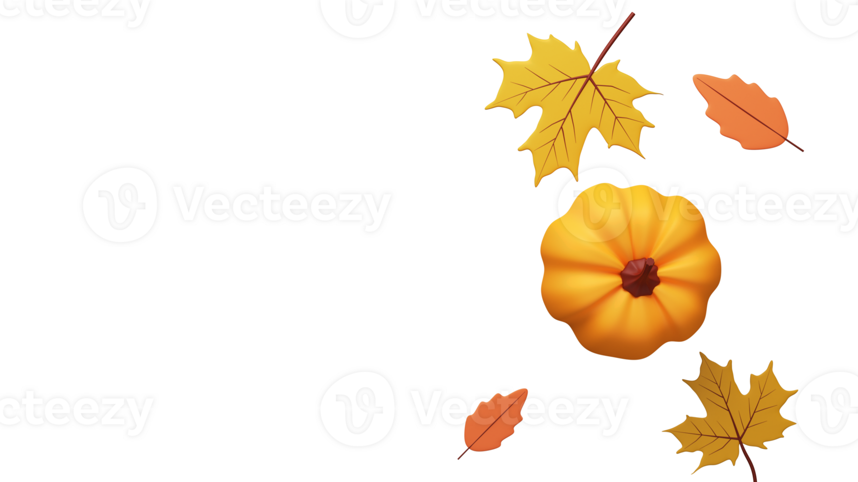 Top View Of 3D Render Pumpkin With Autumn Leaves Against Background And Copy Space. png
