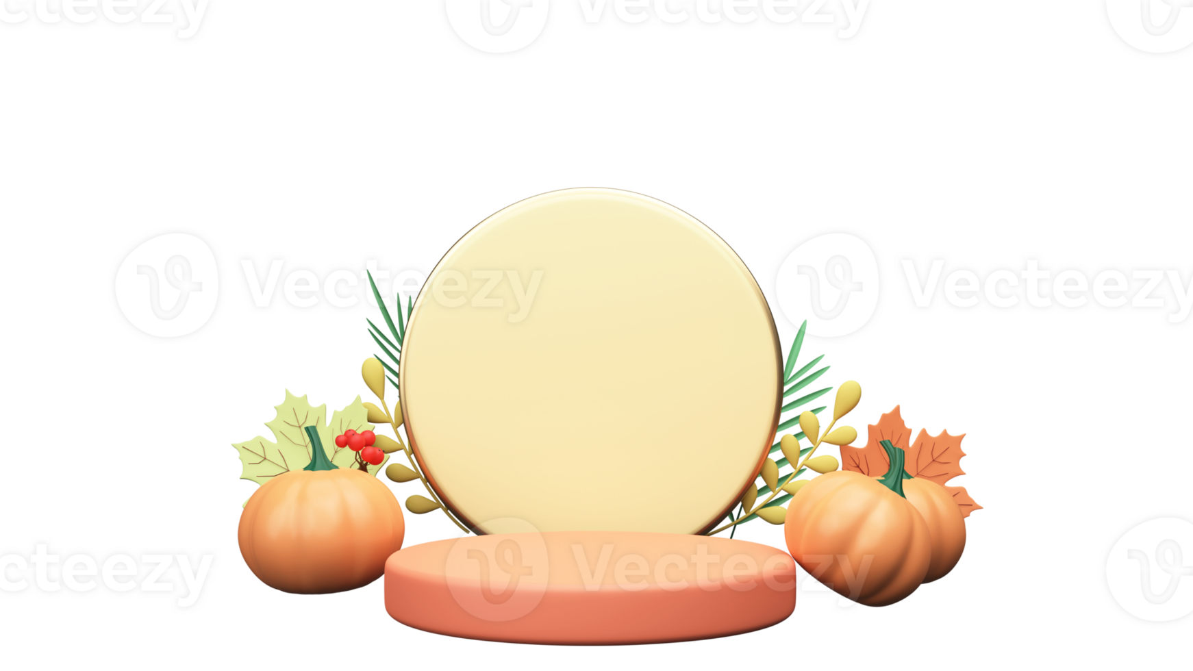 3d framställa tömma cirkulär ram med podium, pumpor, löv mot bakgrund. png