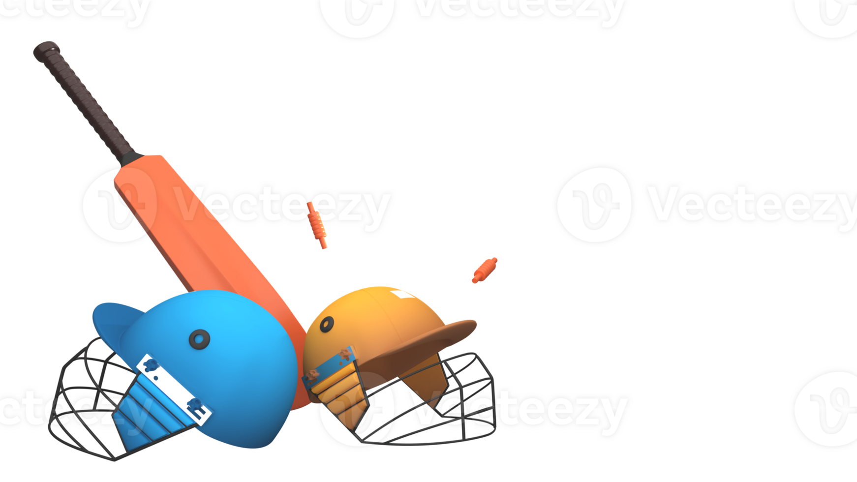3D Render Cricket Helmets Of Participating Team With Bat, Wicket Bails And Copy Space. png