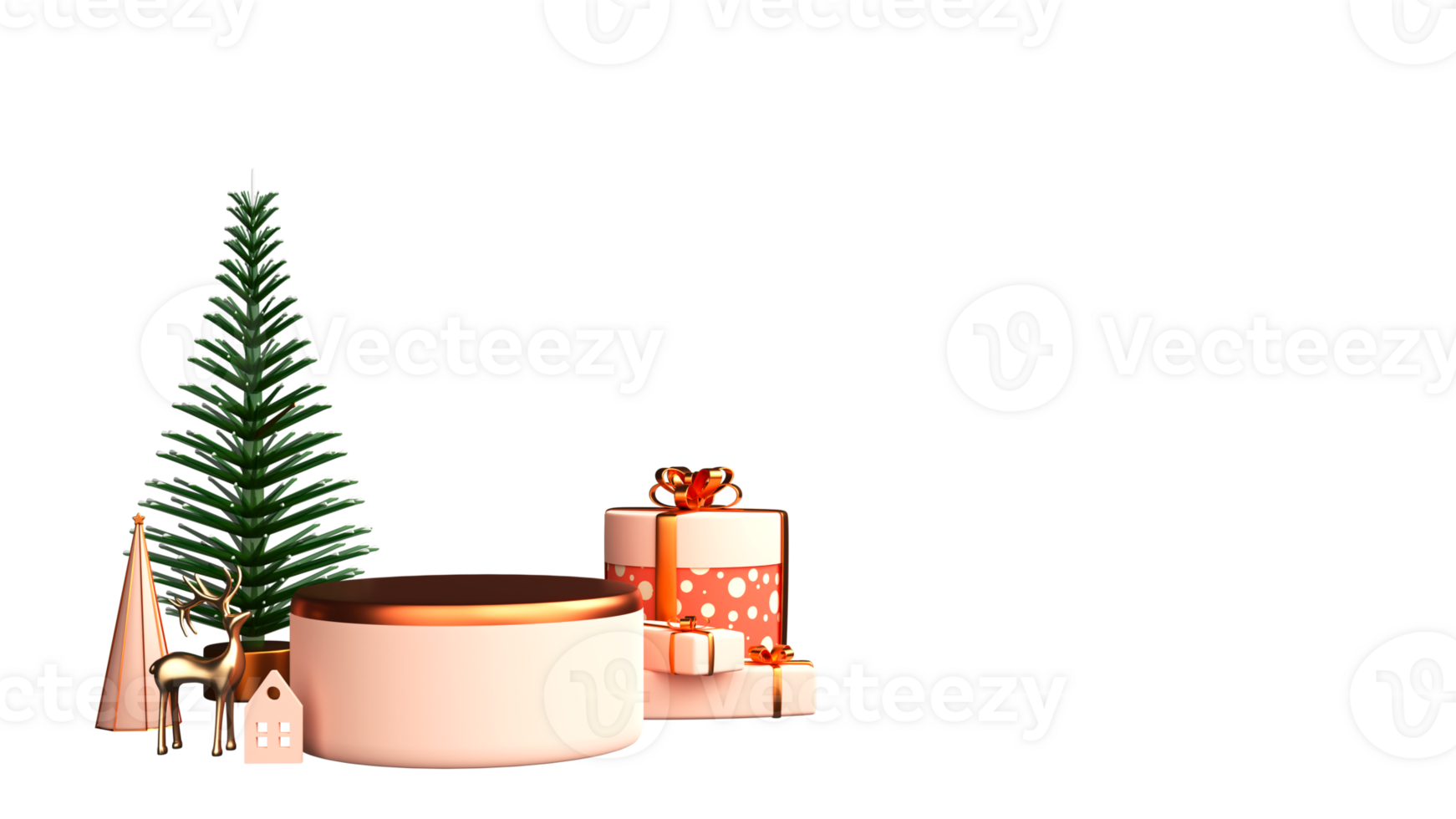 3D Christmas Tree With Gift Boxes, Reindeer, House And Empty Podium Against Background. png