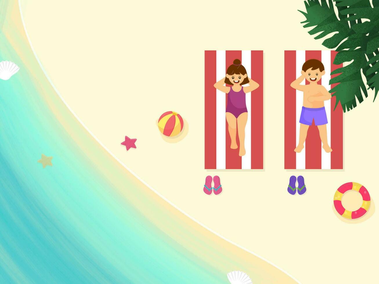 Top View Of Swimmer Kids Relaxing On Sun Bed And Beach View Illustration. vector