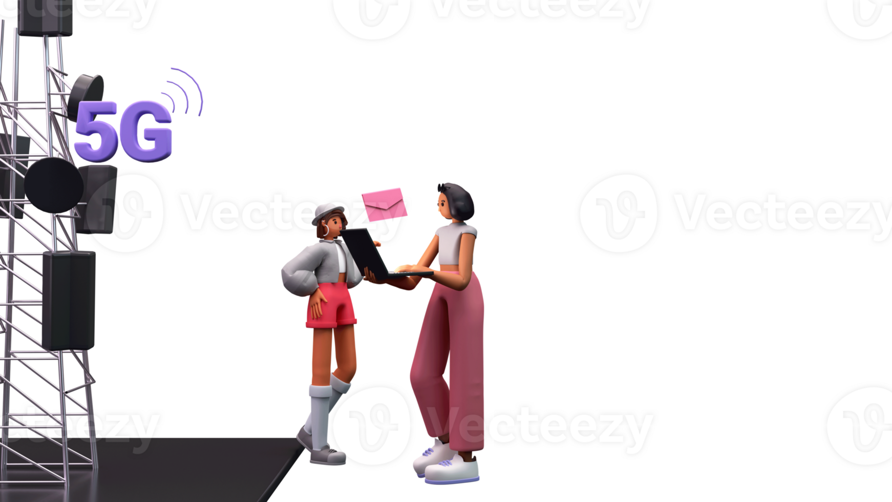 3D Render Of 5G Signal Or Cell Tower With Young Women Discussing To Each Other For High Speed Network Connection. png