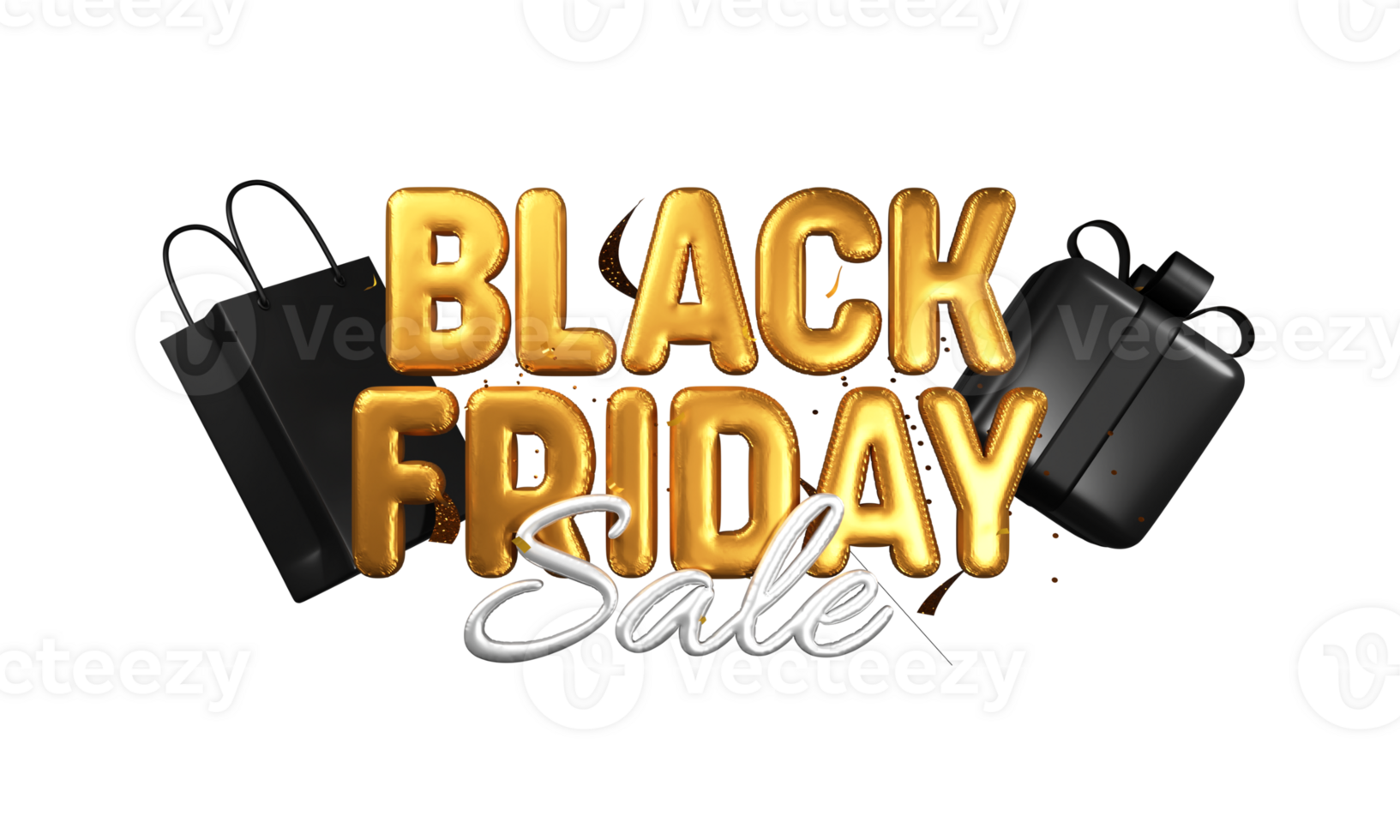 3D Golden And Silver Foil Black Friday Sale Text With Gift Box, Shopping Bag Against Background. png