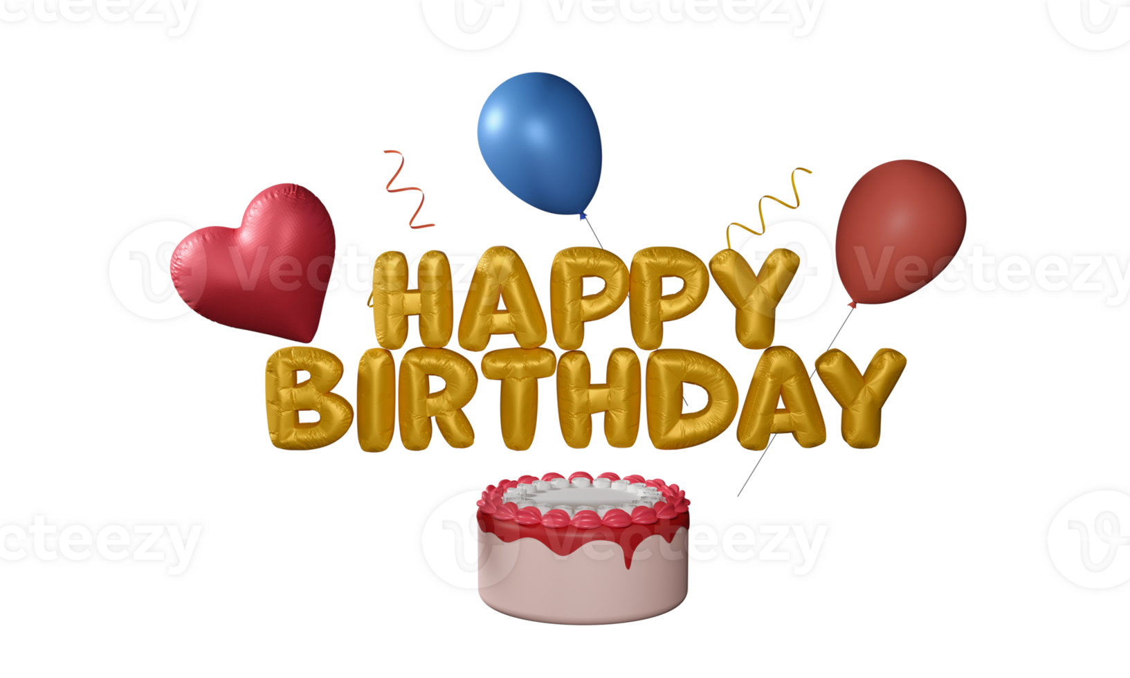 Golden Foil Happy Birthday Font With Realistic Delicious Cake And Balloons Decorated Background. png