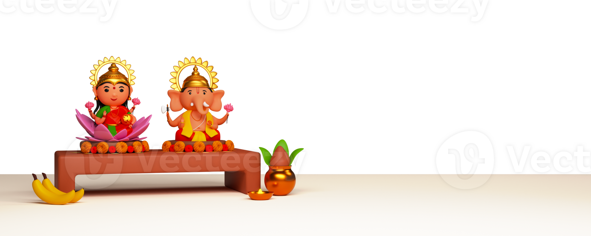 hindu mytologi herre ganesha och gudinna lakshmi över trä- med dyrkan pott mot bakgrund för diwali firande begrepp. png