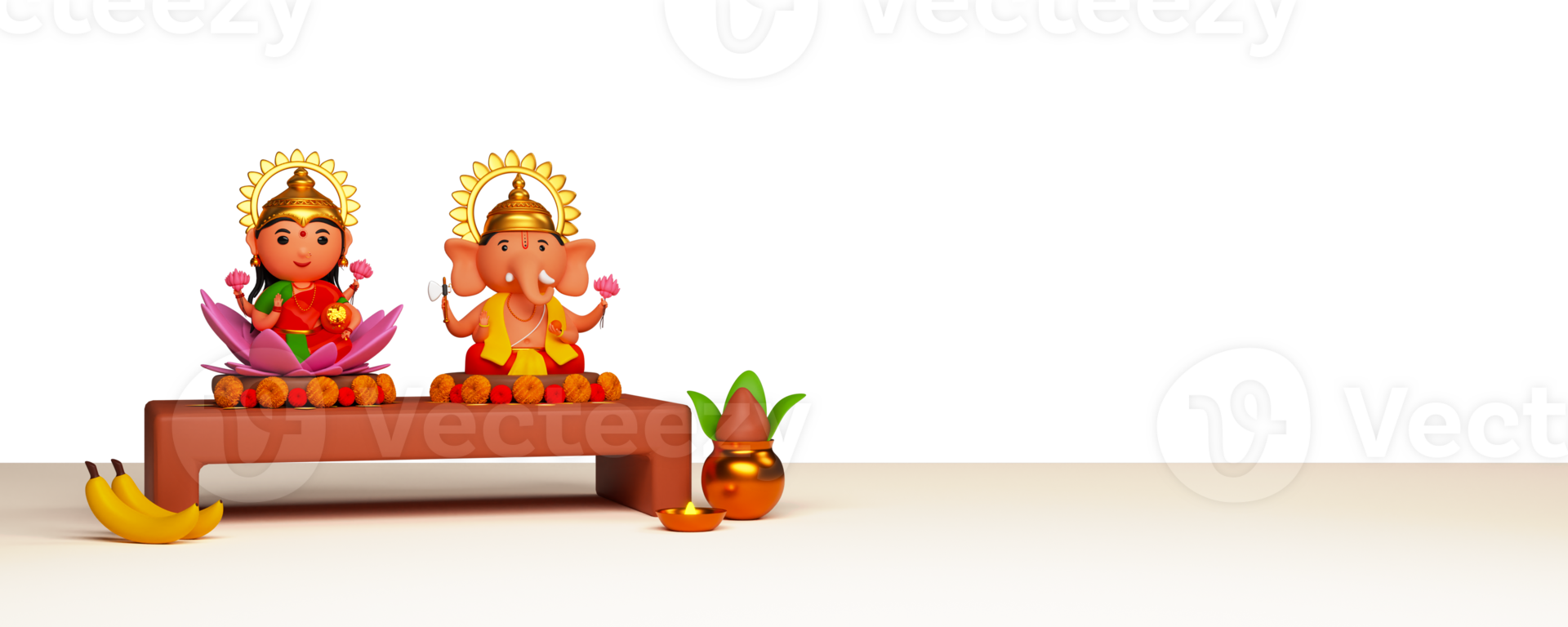 hindu mitologia senhor ganesha e deusa Lakshmi sobre de madeira com adoração Panela contra fundo para diwali celebração conceito. png