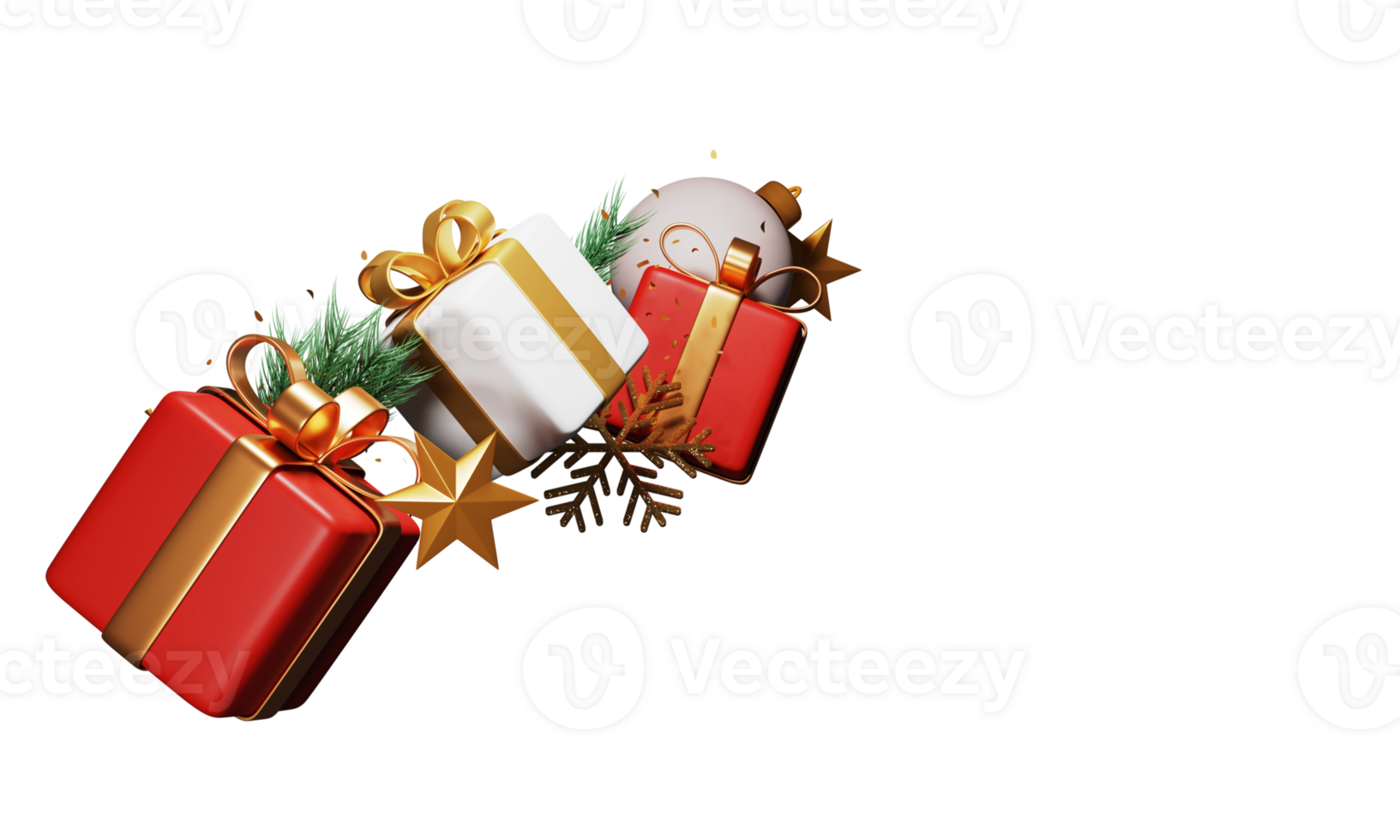 3D Gift Boxes With Baubles, Golden Stars, Snowflakes, Fir Leaves And Copy Space For New Year Or Christmas Celebration. png