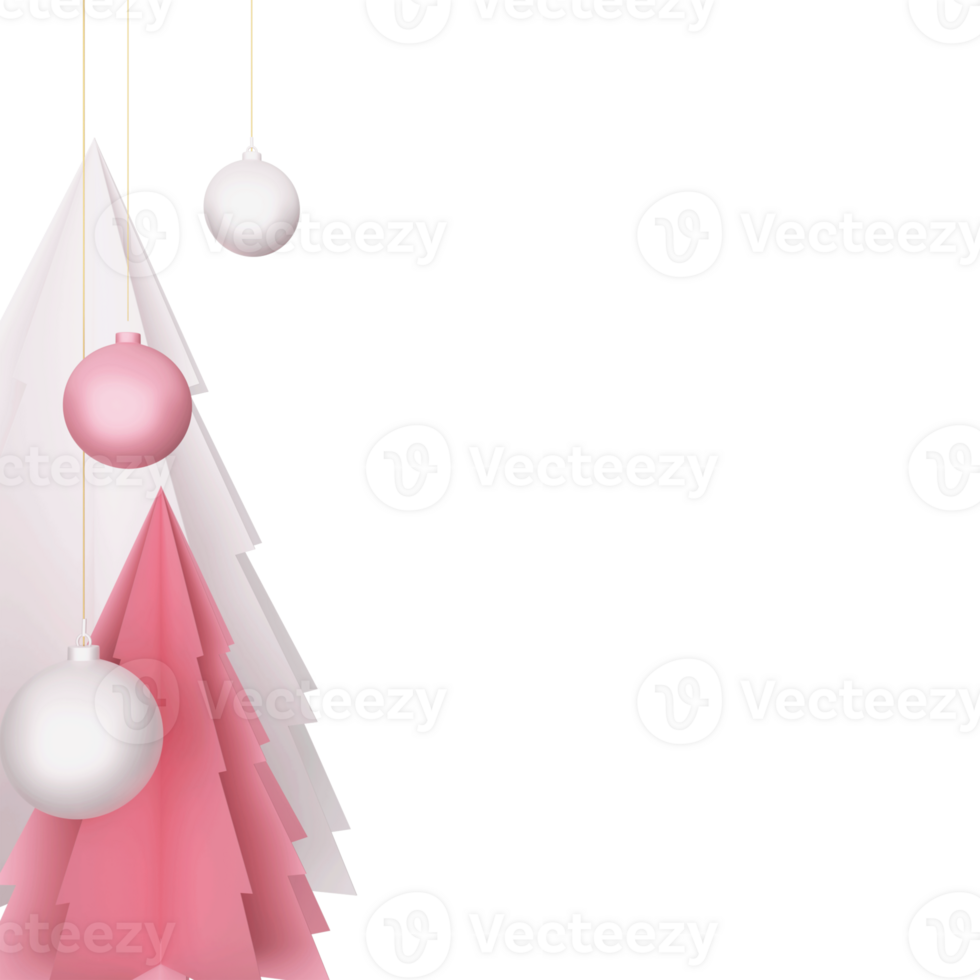 Paper Cut Xmas Trees With Realistic Baubles Hang And Copy Space. png