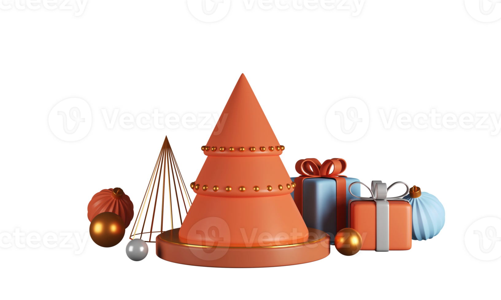 3D Render Of Xmas Tree Over Podium With Gift Boxes, Baubles And Beads Decorated Background For New Year Or Merry Christmas. png