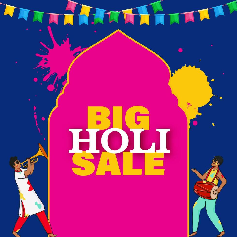 Big Holi Sale Poster Design With Young Men Plying Dhol, Trumpet On Pink And Blue Background. vector