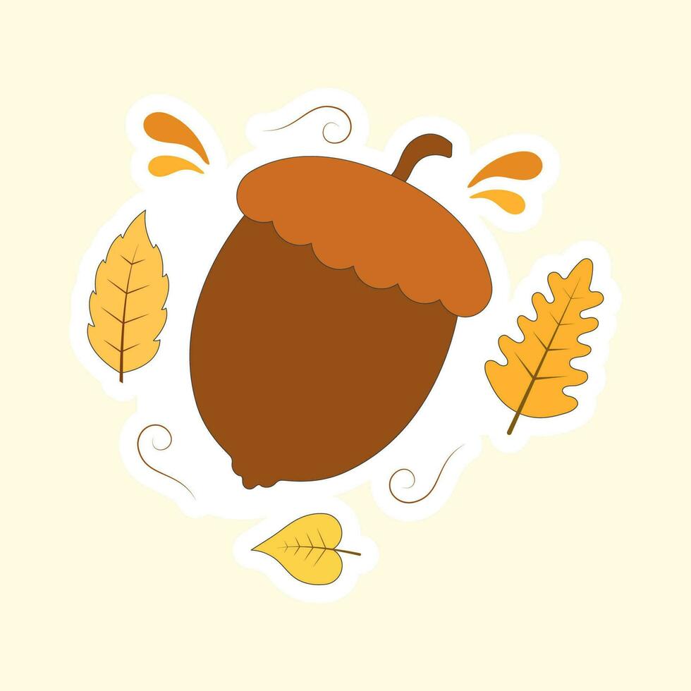 Isolated Acorn With Autumn Leaves On Cosmic Latte Background. vector