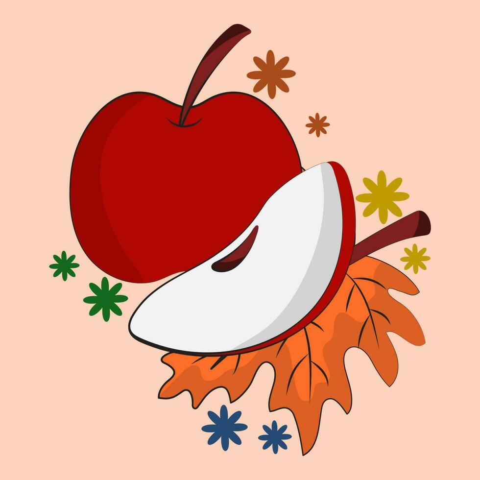 Apple With Slice And Maple Leaf, Flowers On Peach Background. vector