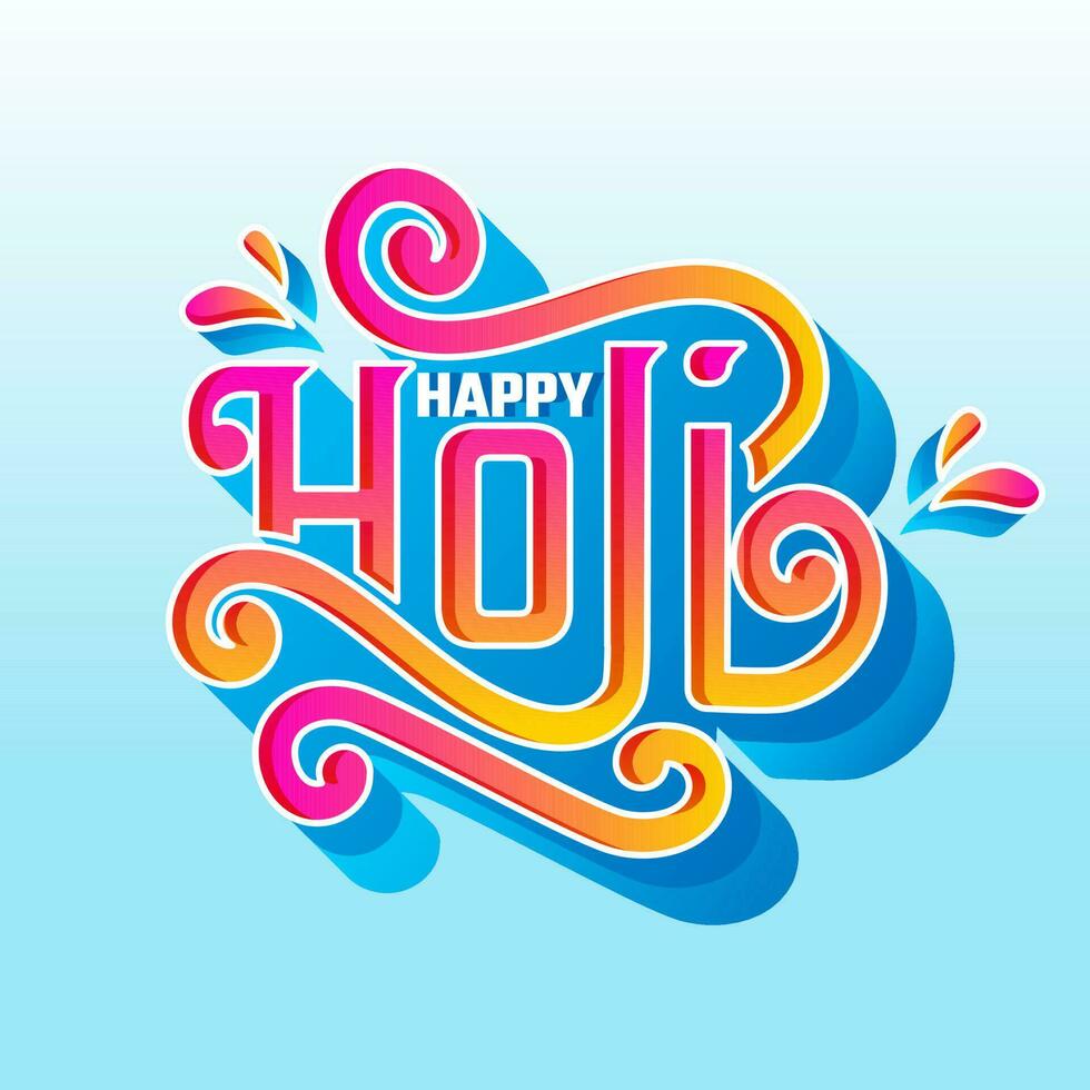 3D Gradient Happy Holi Font With Swirl Against Light Blue Background. vector