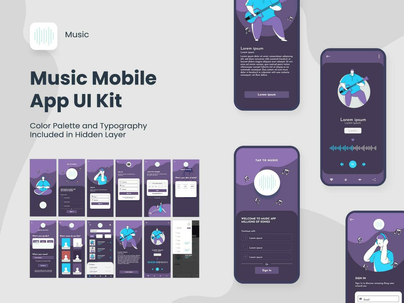 Wireframe UI, UX and GUI Layout with Different Login Screens including Account Sign In, Sign Up, Playlist for Music Mobile App. vector