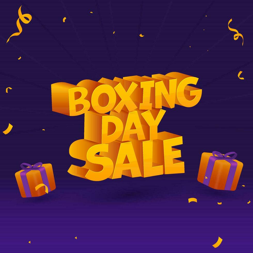 3D Render Orange Boxing Day Sale Text With Gift Boxes And Confetti Decorated On Purple Background. vector