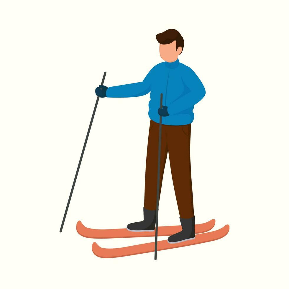 Portrait Of Faceless Young Man Skiing On White Background. vector
