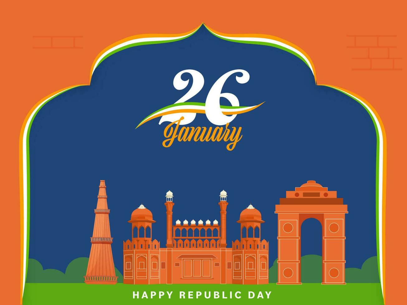 26 enero fuente con India famoso Monumento en azul y naranja antecedentes para contento república día concepto. vector