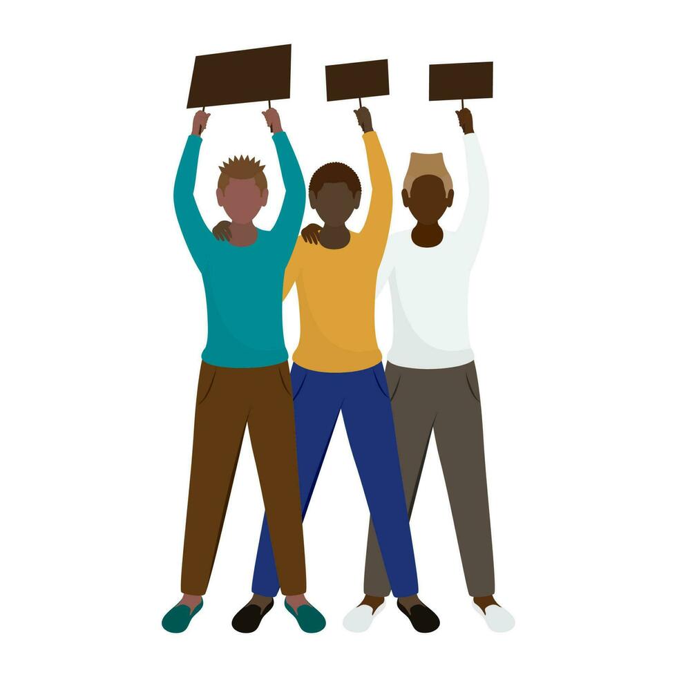 Faceless Multinational Male Protesters Standing Together On White Background For Black Lives Matter. vector