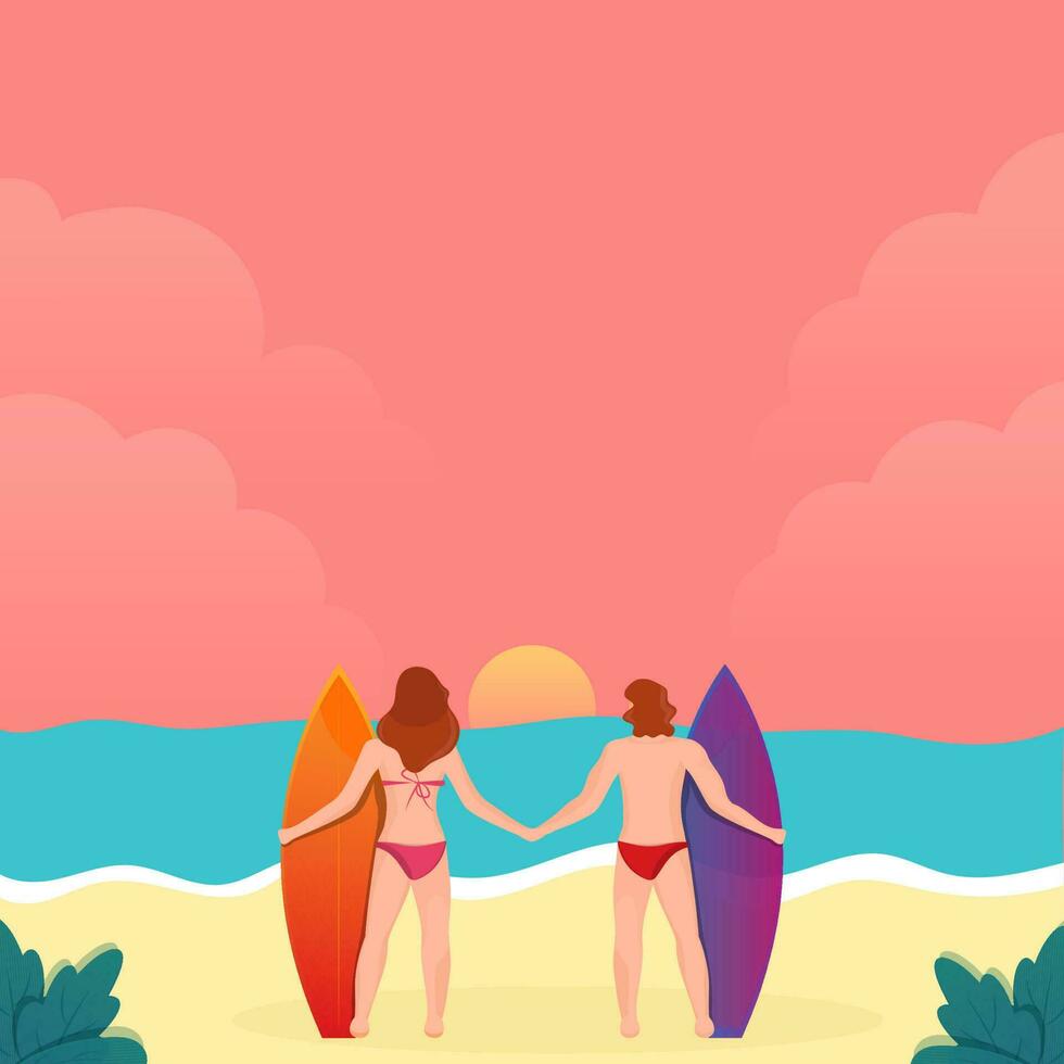 Back View Of Swimmer Man And Woman Holding Surfboard On Sunrise Beach Background. vector
