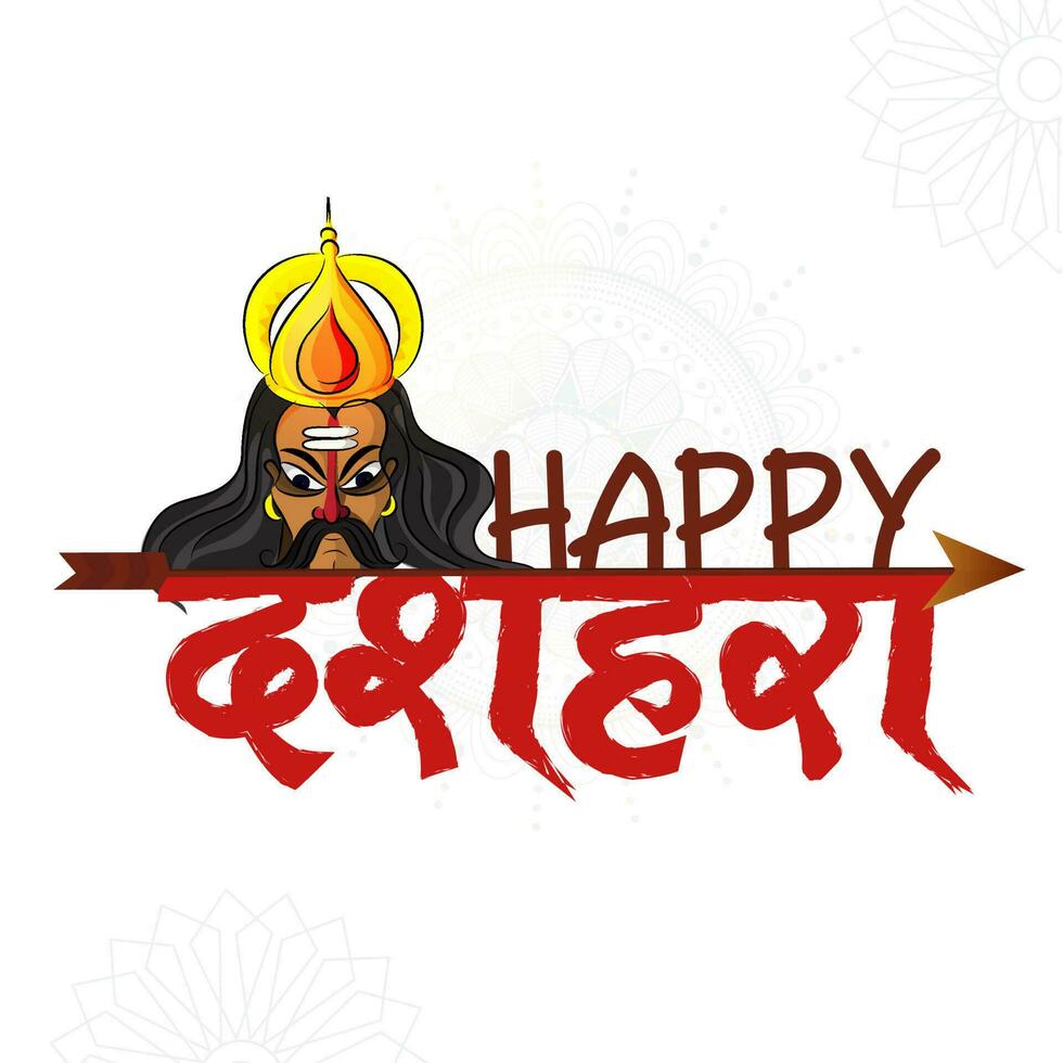 Happy Dussehra Font With Demon King Ravana On White Background. vector