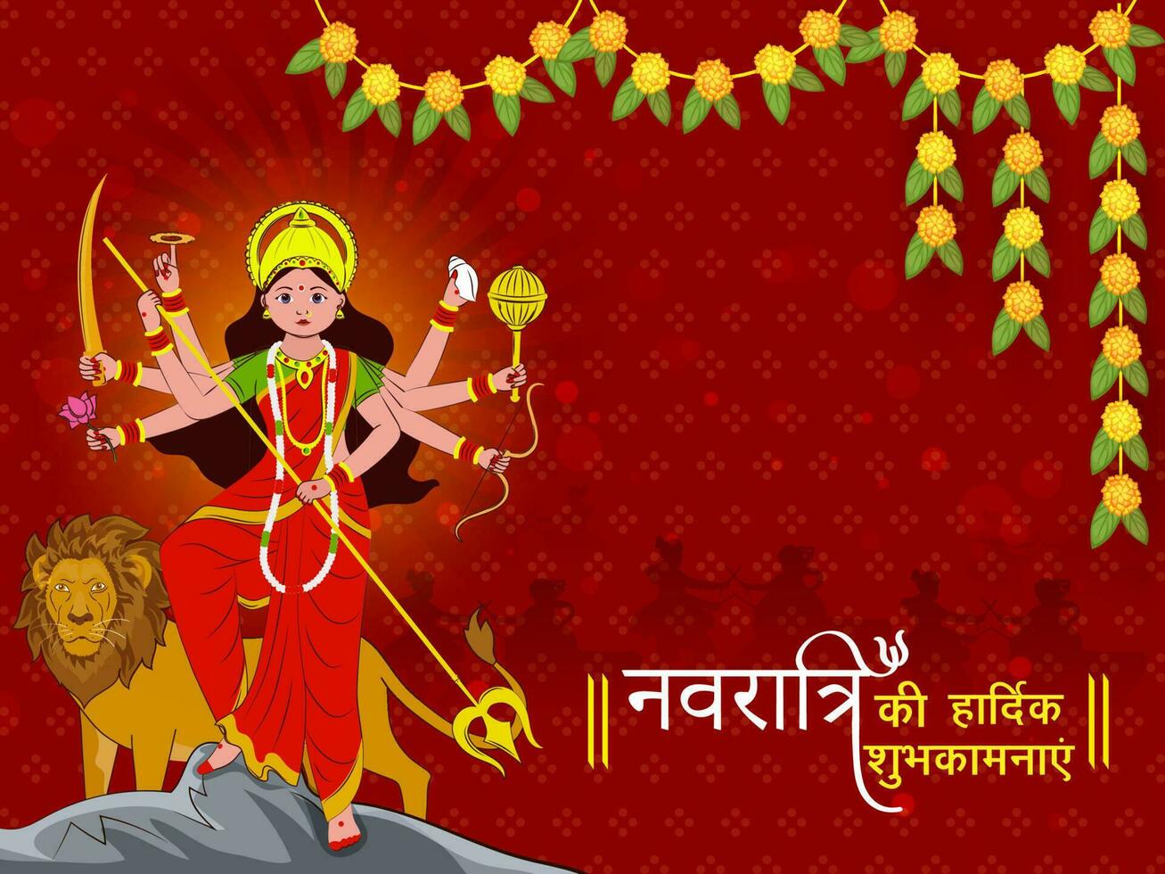 Happy Navratri Wishes Written In Hindi Language With Goddess Durga Maa Character And Lion Animal On Red Background Decorated By Floral Garland. vector