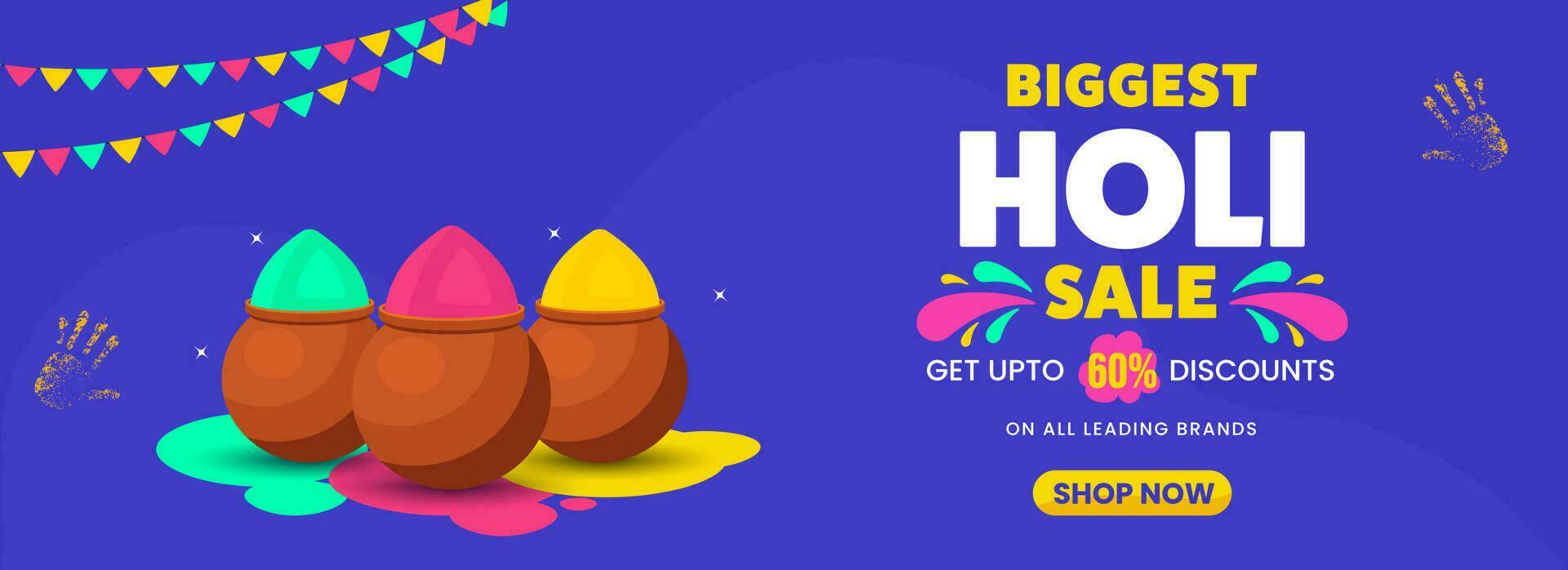 Biggest Holi Sale Banner Or Header Design With Clay Pots Full Of Dry Color. vector