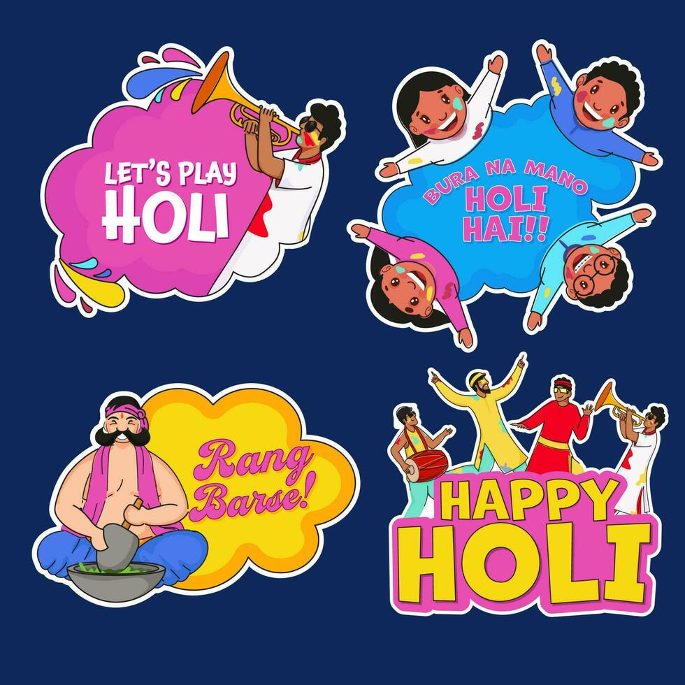 Sticker Style Holi Festival Quotes Collection With People Enjoying Against Blue Background. vector