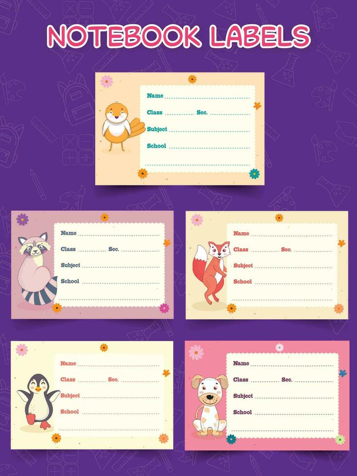 Animal Cartoon Notebook Label Or Tag On Purple School Doodle Elements Decorated Background. vector
