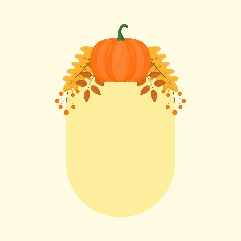 Flat Style Pumpkin With Berry And Autumn Leaves Decorative Yellow Oval Frame. vector