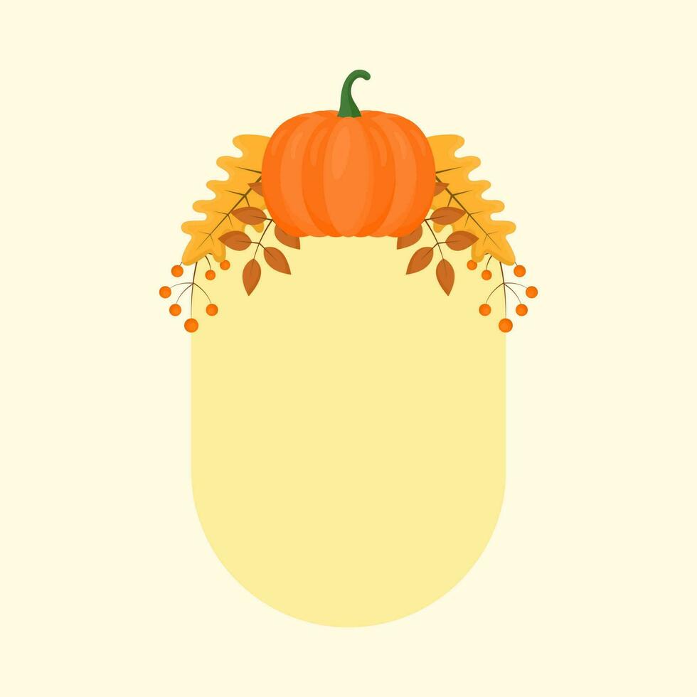 Flat Style Pumpkin With Berry And Autumn Leaves Decorative Yellow Oval Frame. vector