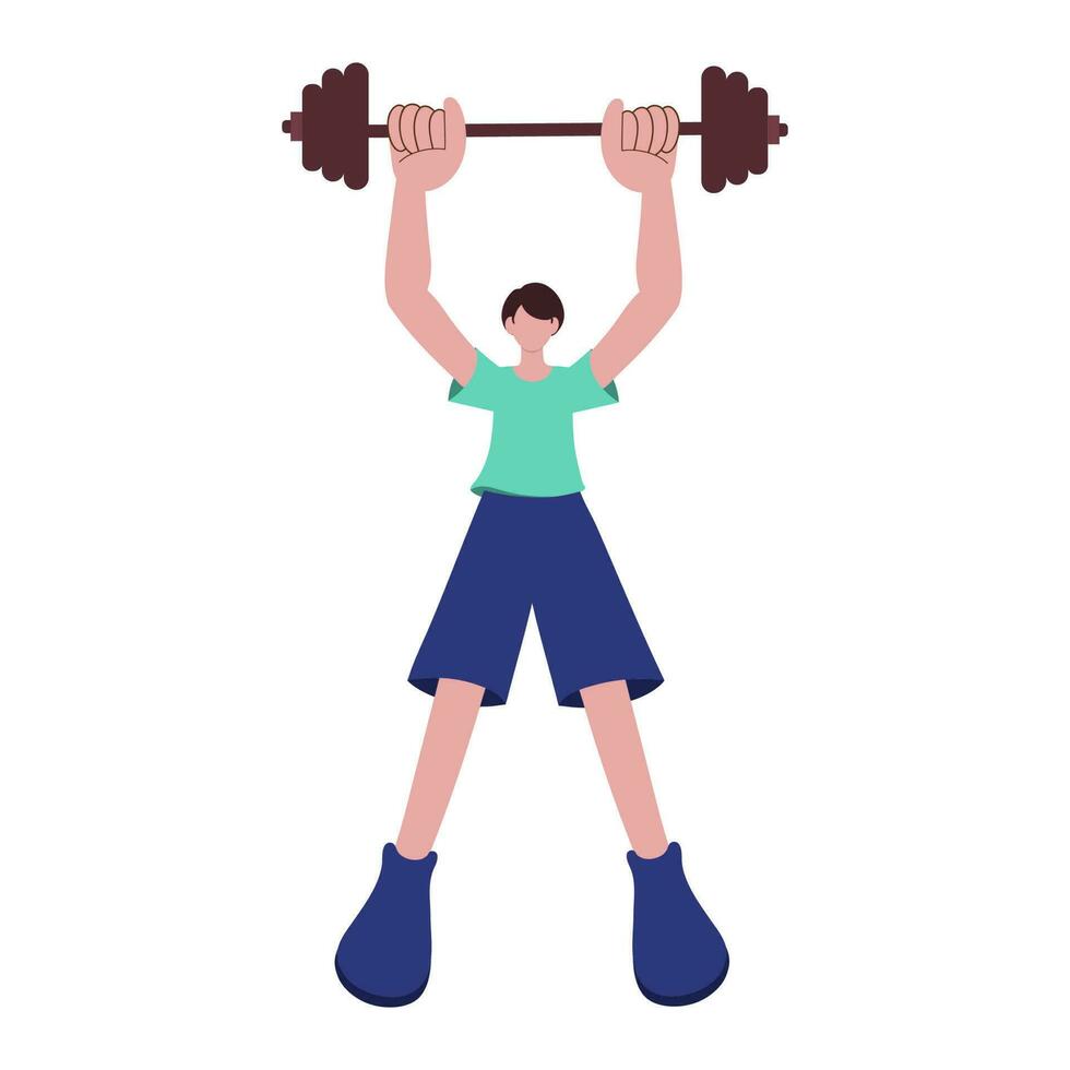 Faceless Young Woman Lifting Barbell In Standing Pose. vector